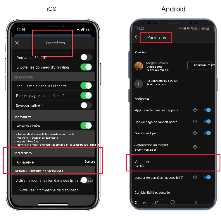 Capture d’écran des paramètres d’apparence pour les applications iOS et Android Power BI.