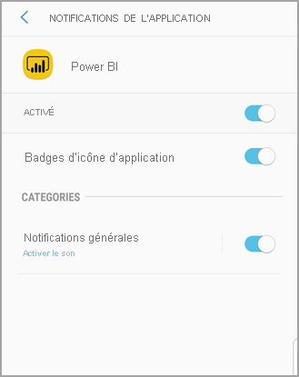 Screenshot shows an Android phone screen titled Power B I where you can allow and manage notifications.