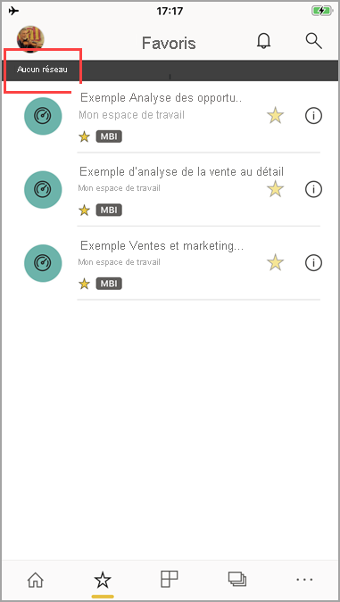 Capture d’écran montrant l’application mobile Power BI avec le message « Aucun réseau ».