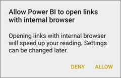 Screenshot of a dialog, showing to allow Power B I to open links with internal browser.