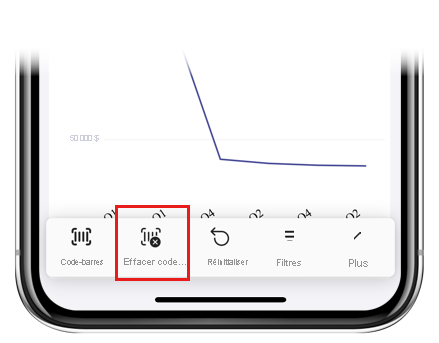 Capture d’écran illustrant l’icône d’effacement du code-barres dans le pied de page d’un rapport.
