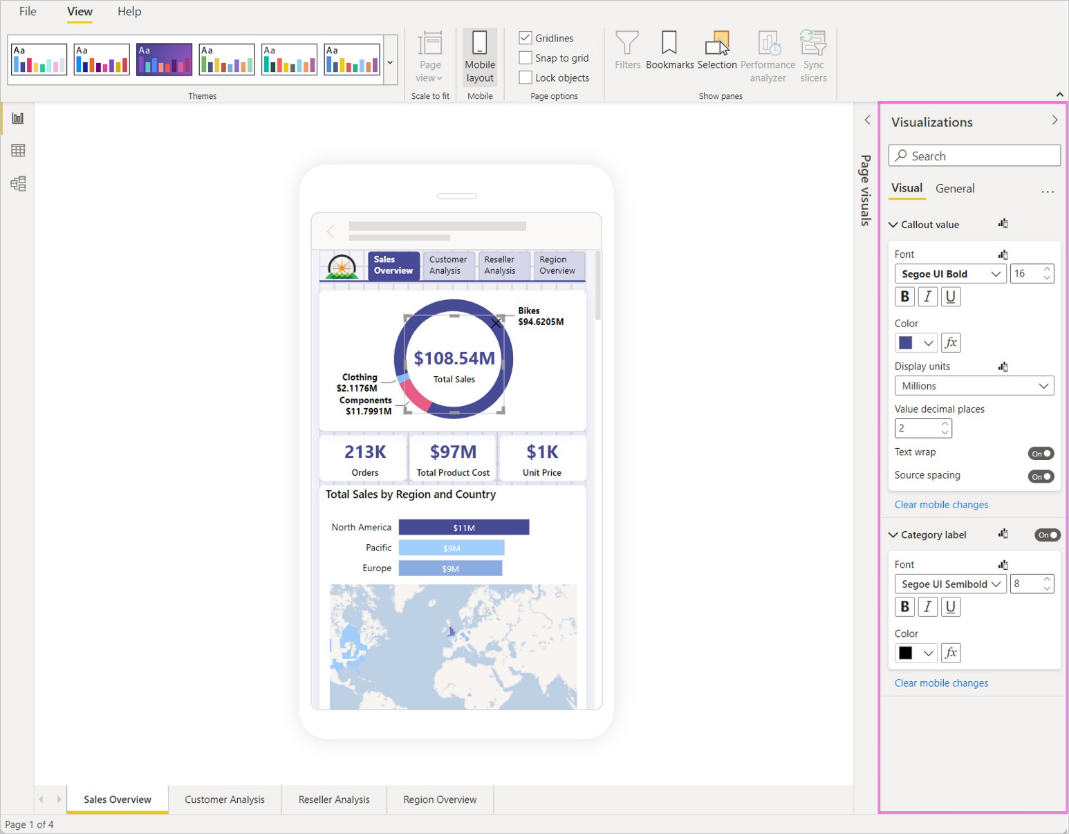 Capture d’écran du volet des visualisations dans l’affichage de disposition pour mobile Power BI en disponibilité générale.