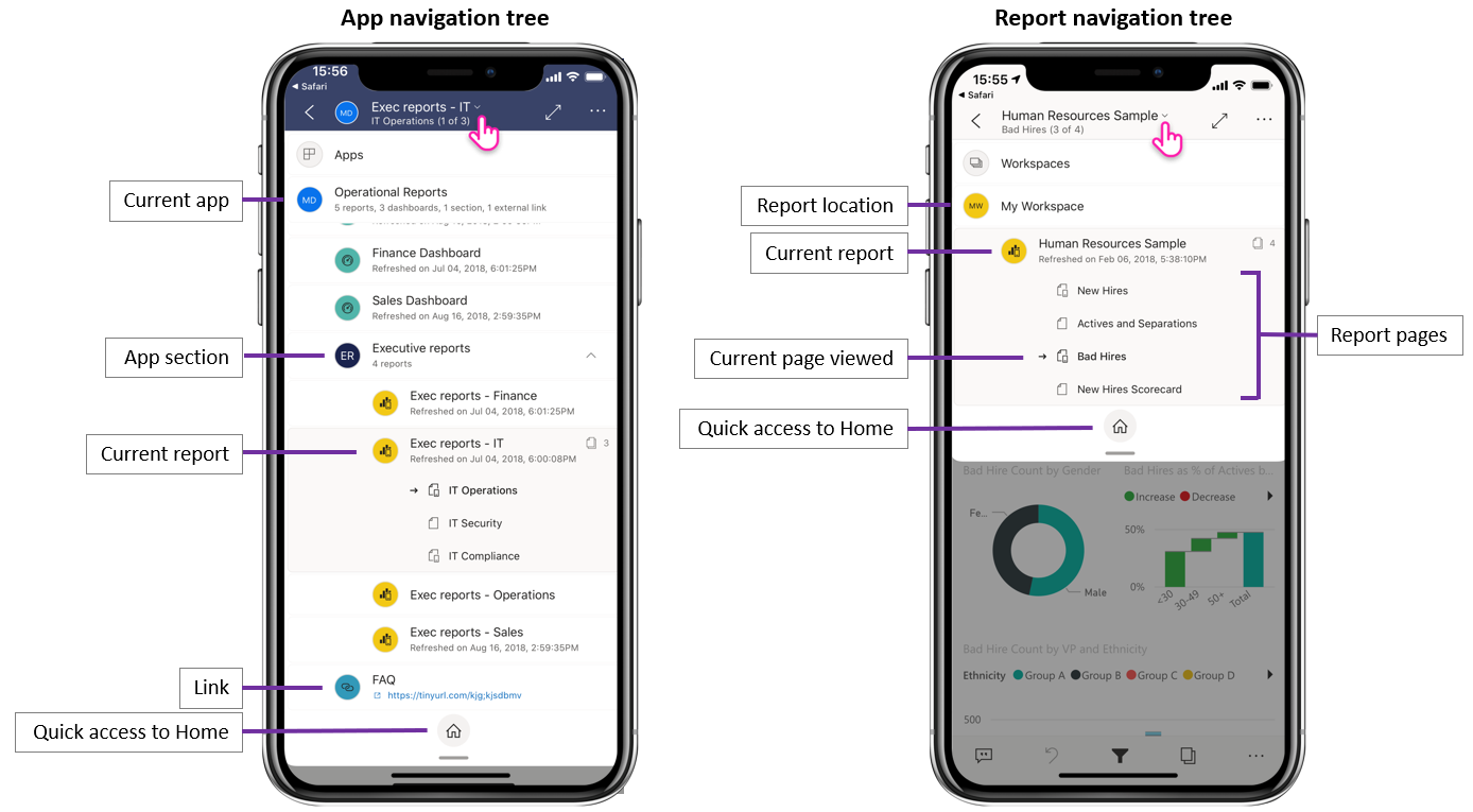 Capture d’écran de l’arborescence de navigation de l’application mobile Power BI.