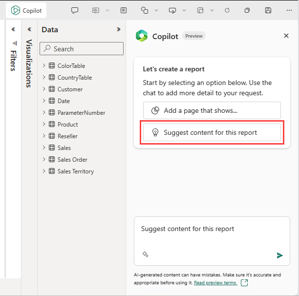 Capture d’écran du volet Copilot suggérant du contenu.
