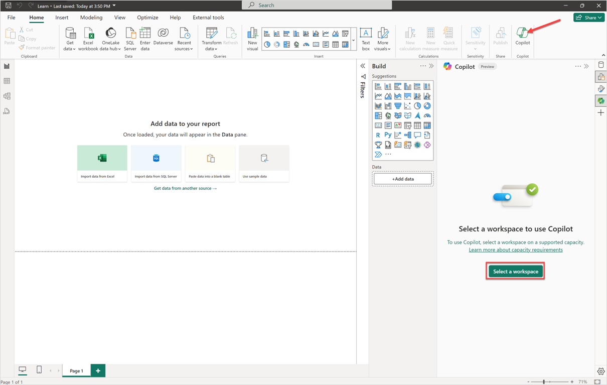 Capture d’écran du volet Copilot dans Power BI Desktop.