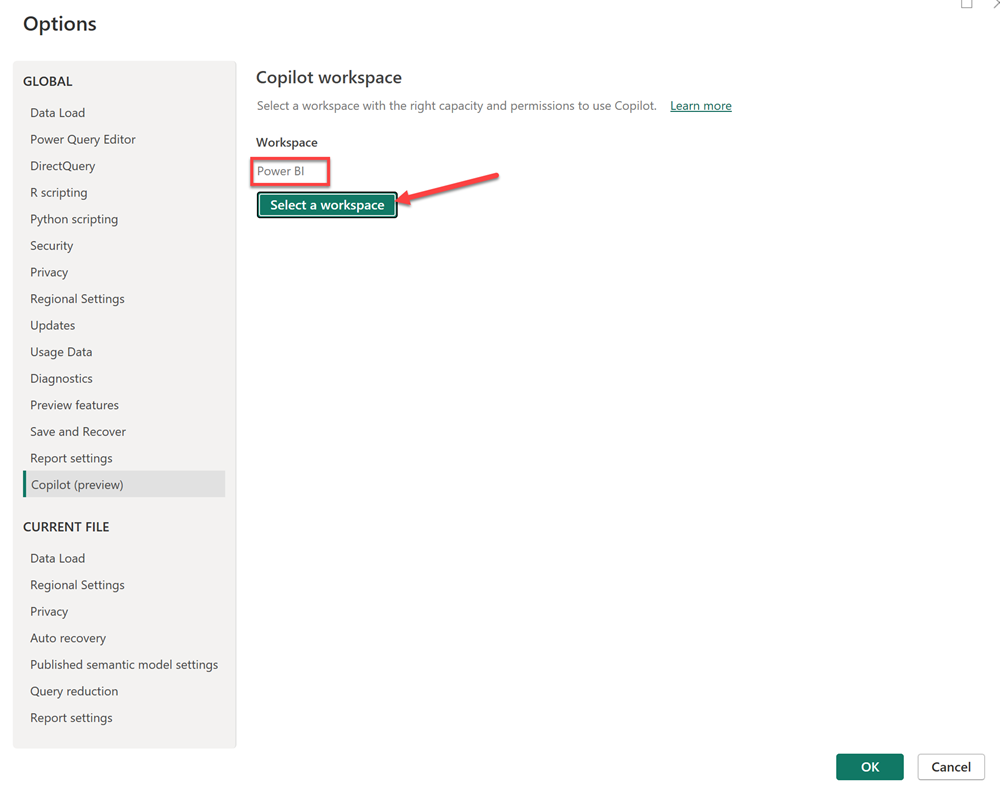 Capture d’écran de la fenêtre options power BI Desktop, Copilot paramètres.