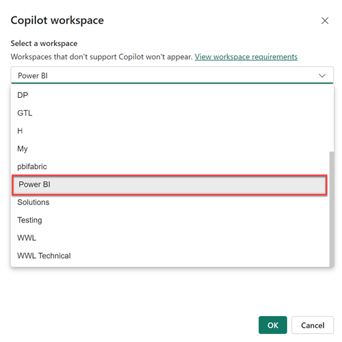 Capture d’écran du sélecteur d’espace de travail dans Power BI Desktop qui s’affiche pour vous permettre de sélectionner un espace de travail Copilot pris en charge.