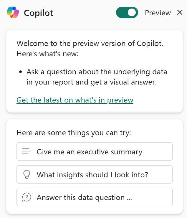 Capture d’écran de la bascule de préversion dans la position dans le volet de conversation Copilot.