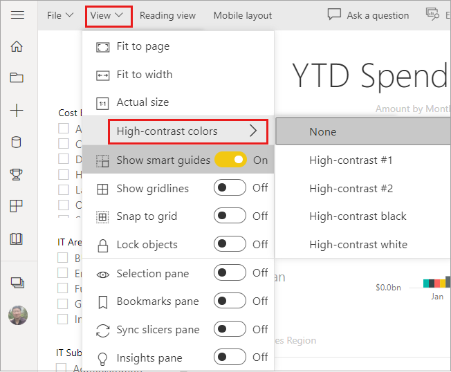 Capture d’écran du service Power BI en mode d’édition, dans lequel Affichage et Couleurs à contraste élevé sont mis en évidence.