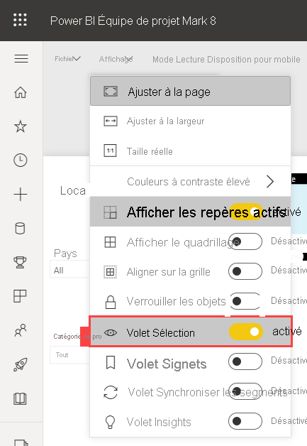 Screenshot showing how to turn on the Selection pane in the Power BI service.