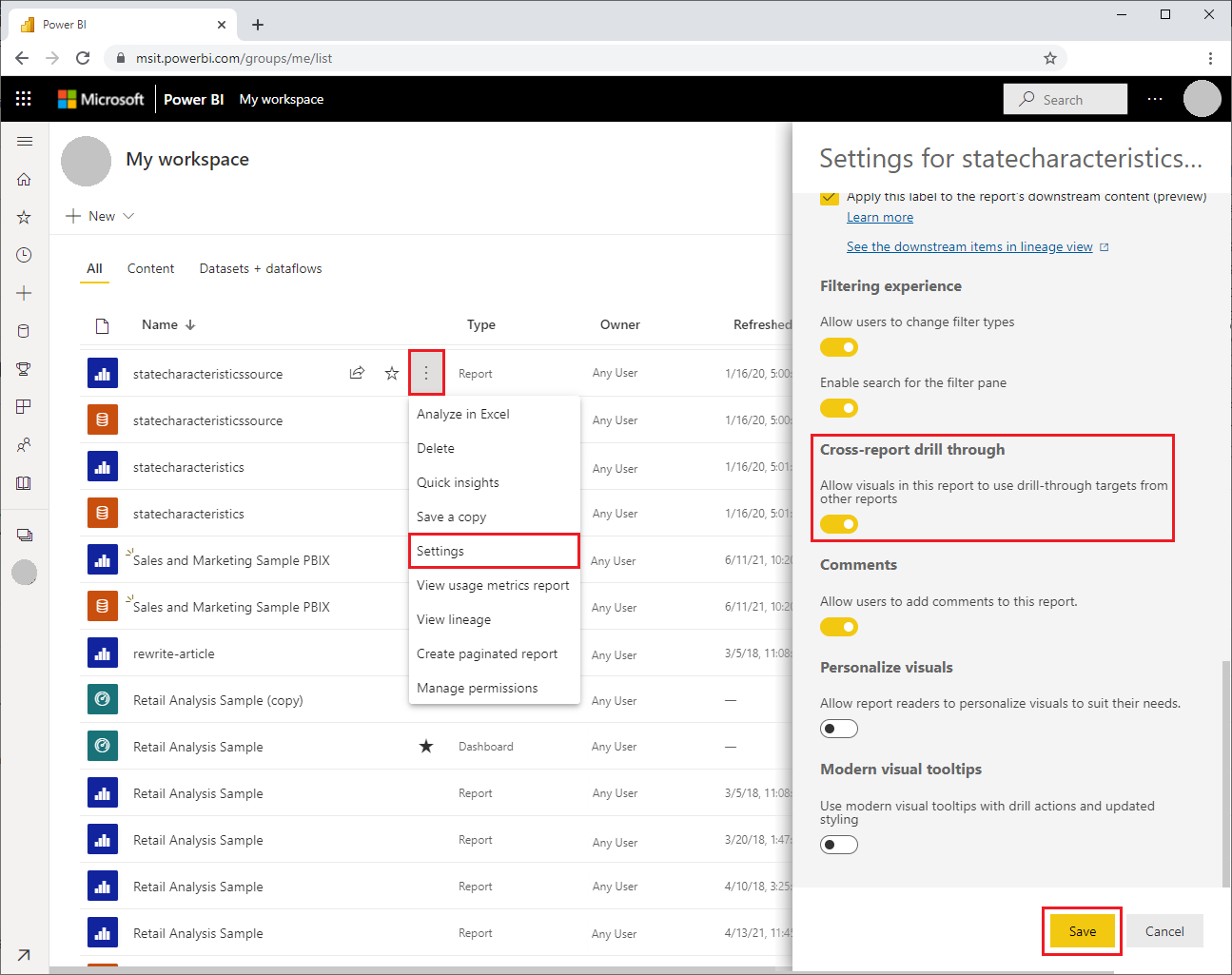 Capture d’écran montrant l’activation de l’extraction interrapport dans le service Power BI.