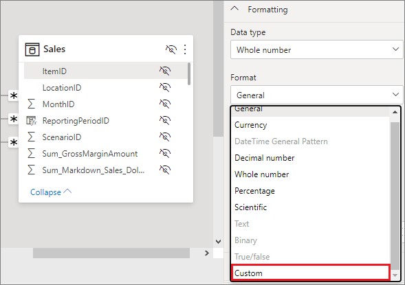 Capture d’écran de Power BI Desktop en mode Modélisation, mettant en évidence Custom (Personnalisé) dans le menu déroulant Format.