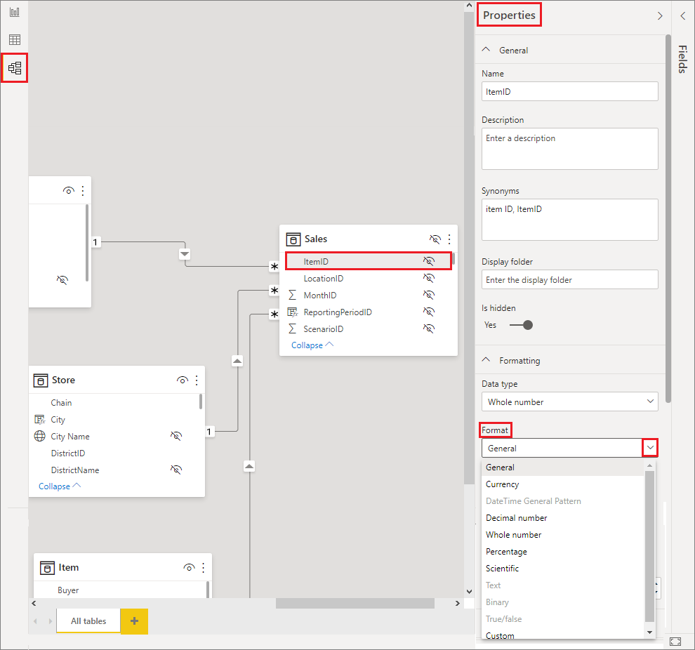 Capture d’écran du volet Propriétés, mettant en évidence le menu Format.