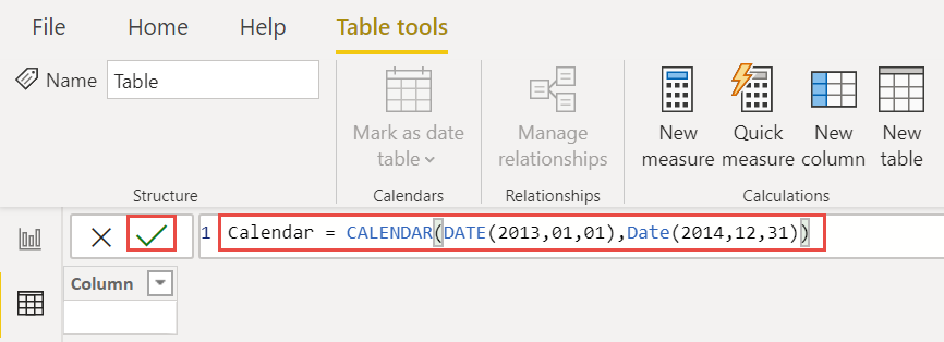 Capture d’écran de l’expression DAX de calendrier