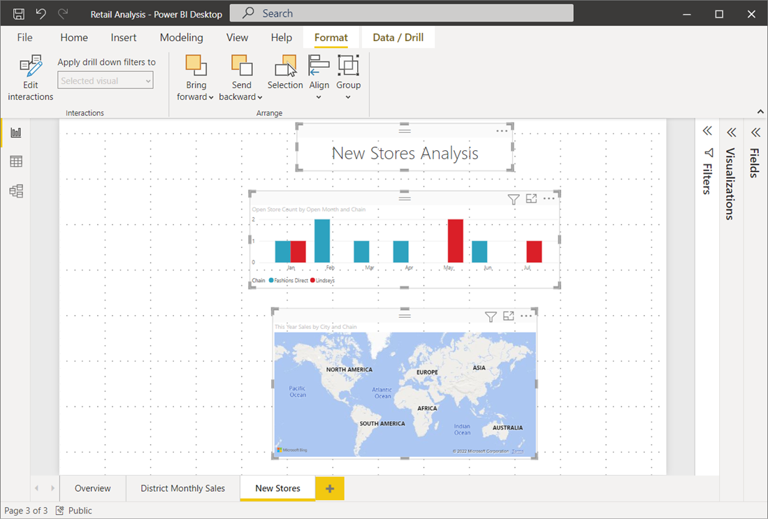 Screenshot of the report canvas, showing three visuals distributed using the Distribute vertically option.