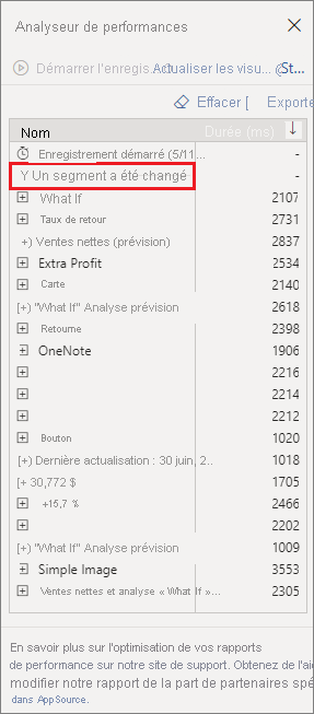 Capture d’écran du volet Analyseur de performances, mettant en évidence le type d’interaction Un segment a été changé.