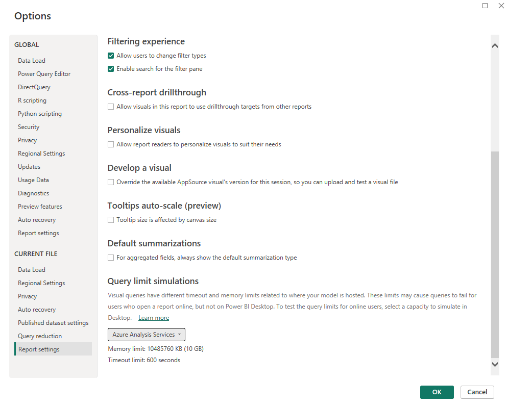 Capture d’écran du menu des options dans lequel la section des simulations des limites de requête est disponible.