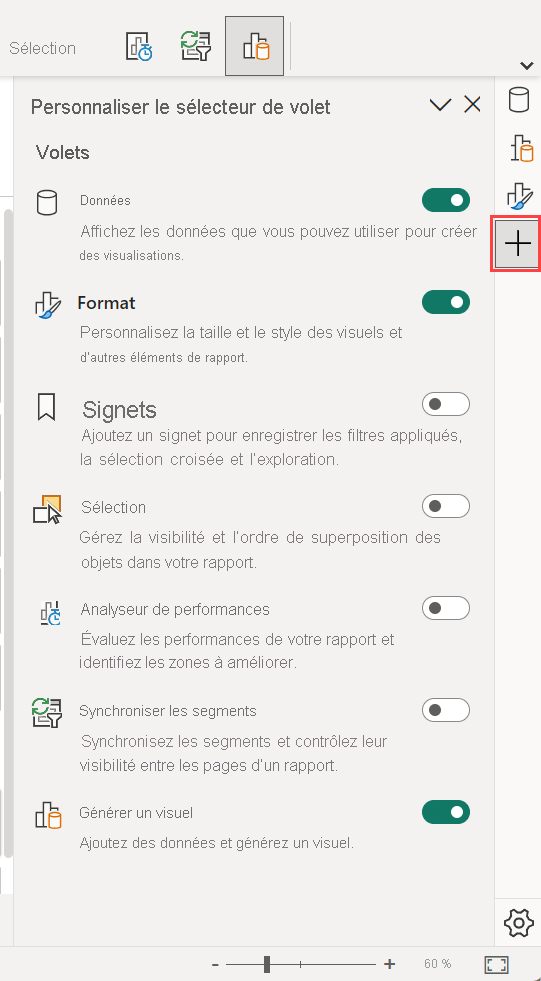 Capture d’écran montrant Personnaliser le sélecteur de volet.