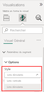 Capture d’écran du volet Format, de la liste déroulante ou segment Liste verticale.