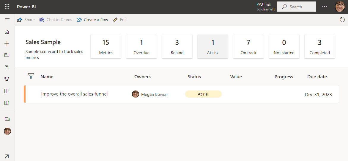 Screenshot of Metrics filtered to status at risk via summary card.