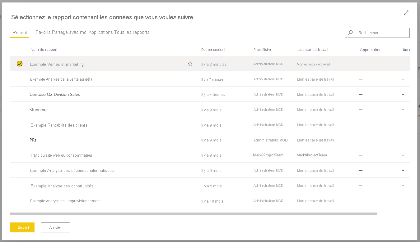 Screenshot of Select the report that contains the data value you want to connect to.