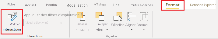 Screenshot of the Power BI Desktop Format menu, highlighting Edit interactions.