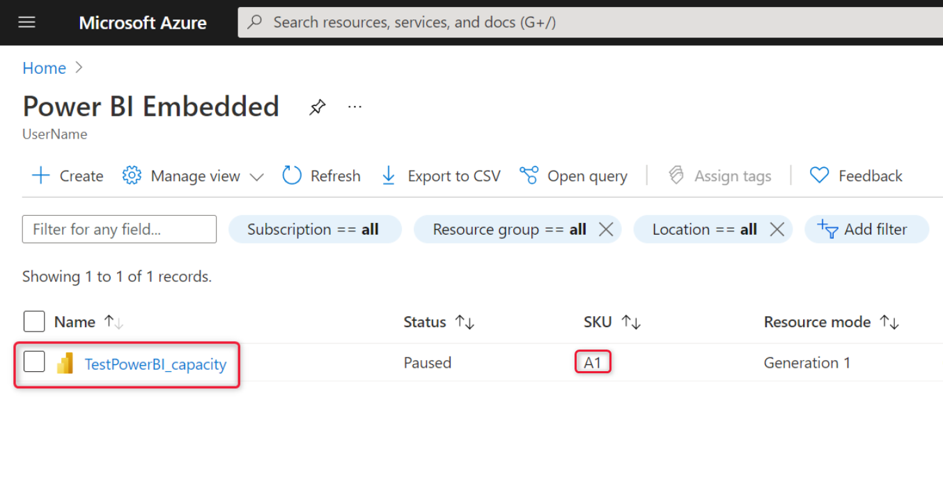 Screenshot of Power BI Embedded capacity list in Azure portal.