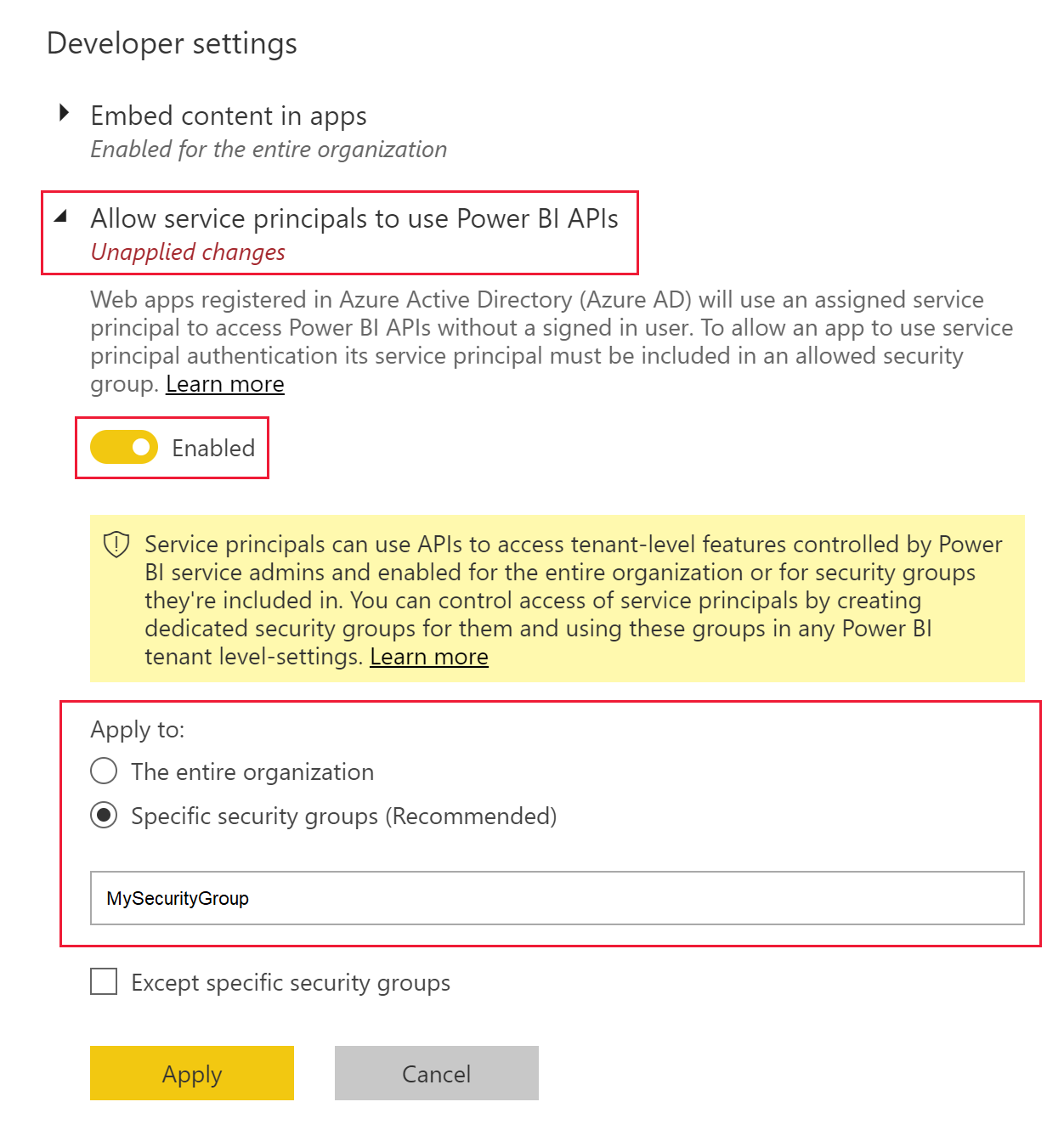 Capture d’écran de la section Paramètres du développeur. L’option permettant d’autoriser les principaux de service à utiliser les API Power BI est activée pour un groupe de sécurité.