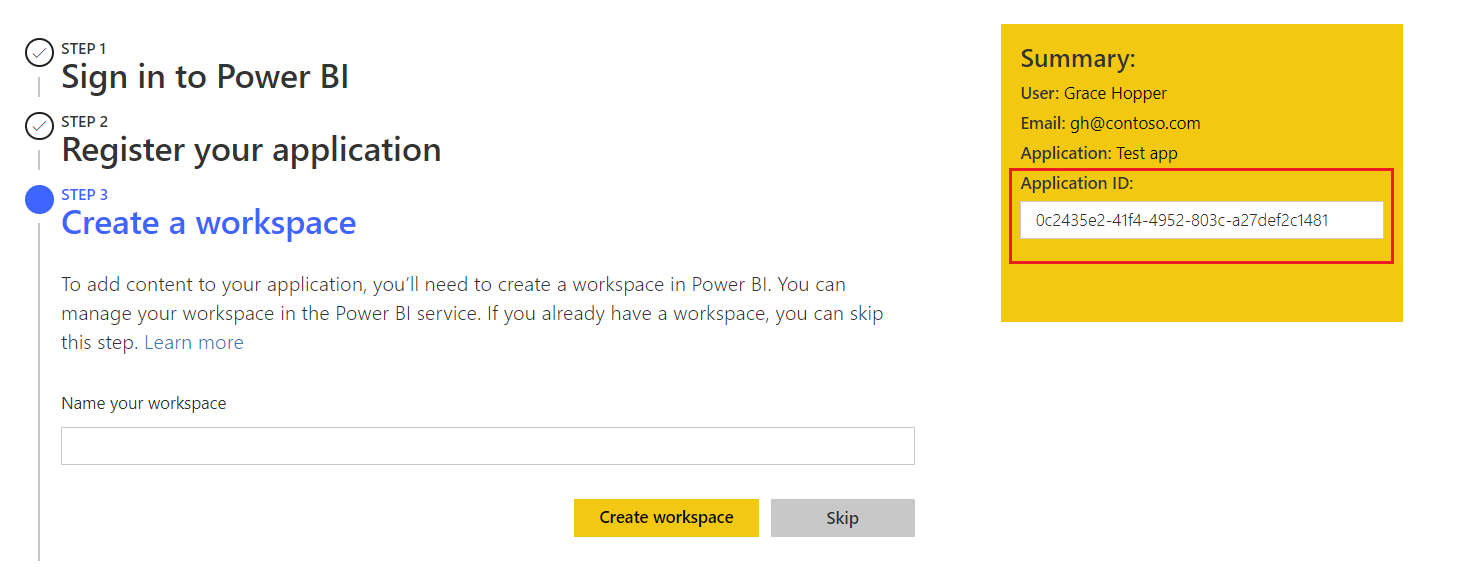 Capture d’écran de l’outil de configuration de l’analytique incorporée Power BI, avec une zone Résumé à droite. Les informations contenues dans la zone comprennent un ID d’application.