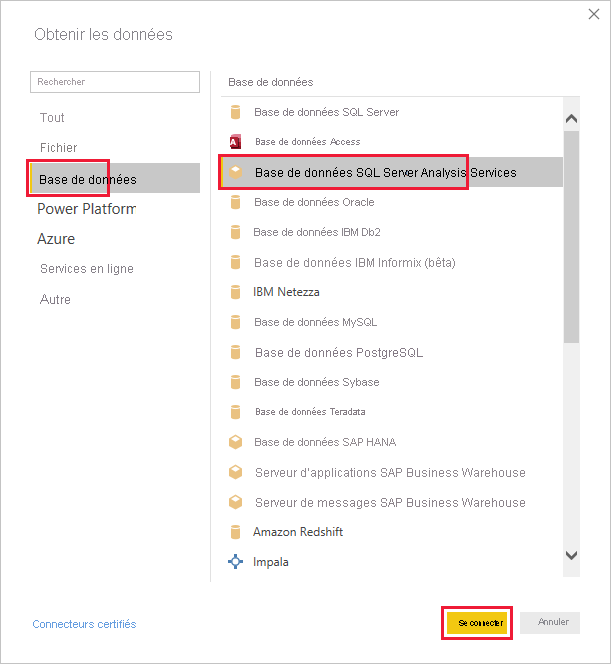 Se connecter à la base de données SQL Server Analysis Services.