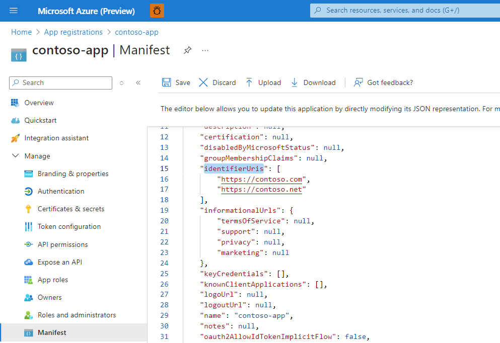 Capture d’écran montrant un exemple de code pour l’ajout d’un URI d’application.