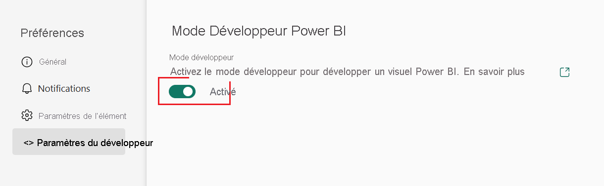 Capture d’écran de l’activation du mode développeur, dans les paramètres Power BI, onglet Paramètres du développeur.