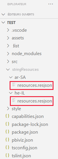 A VS code screenshot of a visual project folder. Each sub-folder in the string resources folder has a resources dot resjson file.