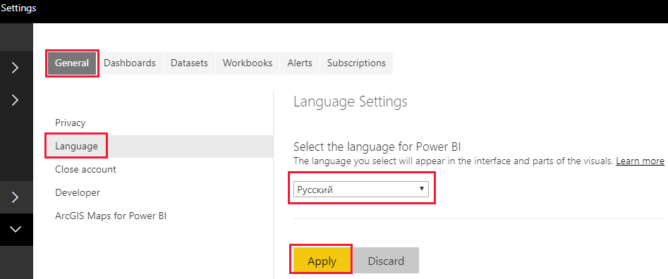 A screenshot showing the language settings in Power BI service.