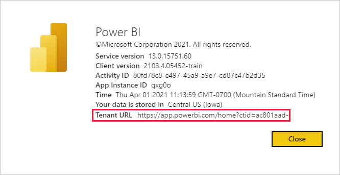 Capture d’écran de la boîte de dialogue À propos de Power BI avec l’URL du locataire de l’utilisateur invité mise en évidence.