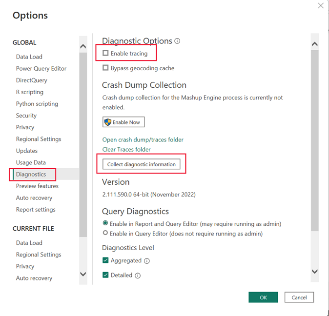 Screenshot of the Power BI Desktop options panel with enable tracing and collect diagnostic information highlighted.