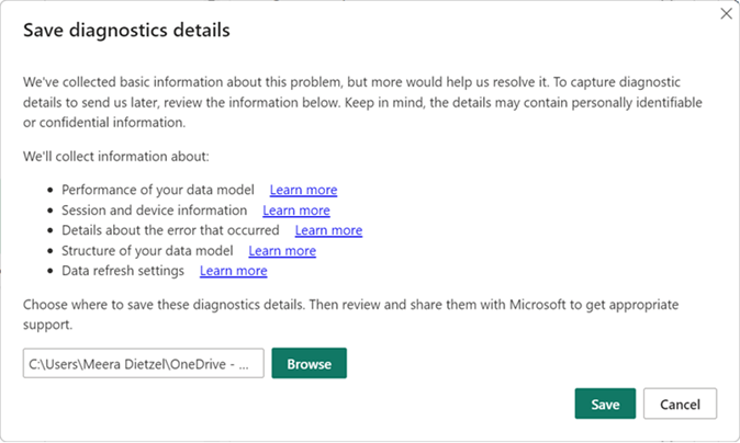 Screenshot of the Power BI Desktop save diagnostics details dialog.