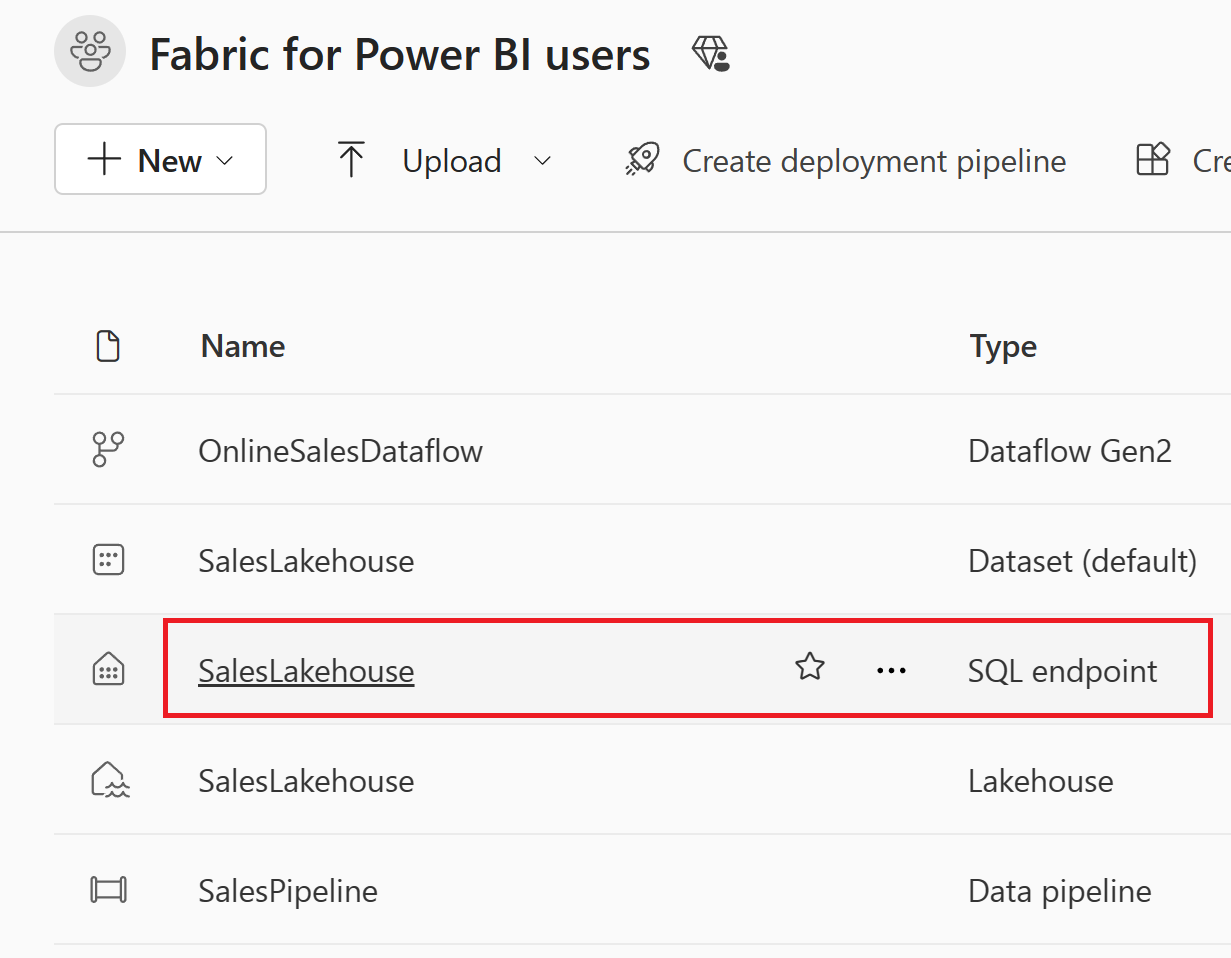 Capture d’écran d’un élément de point de terminaison SQL dans un espace de travail.