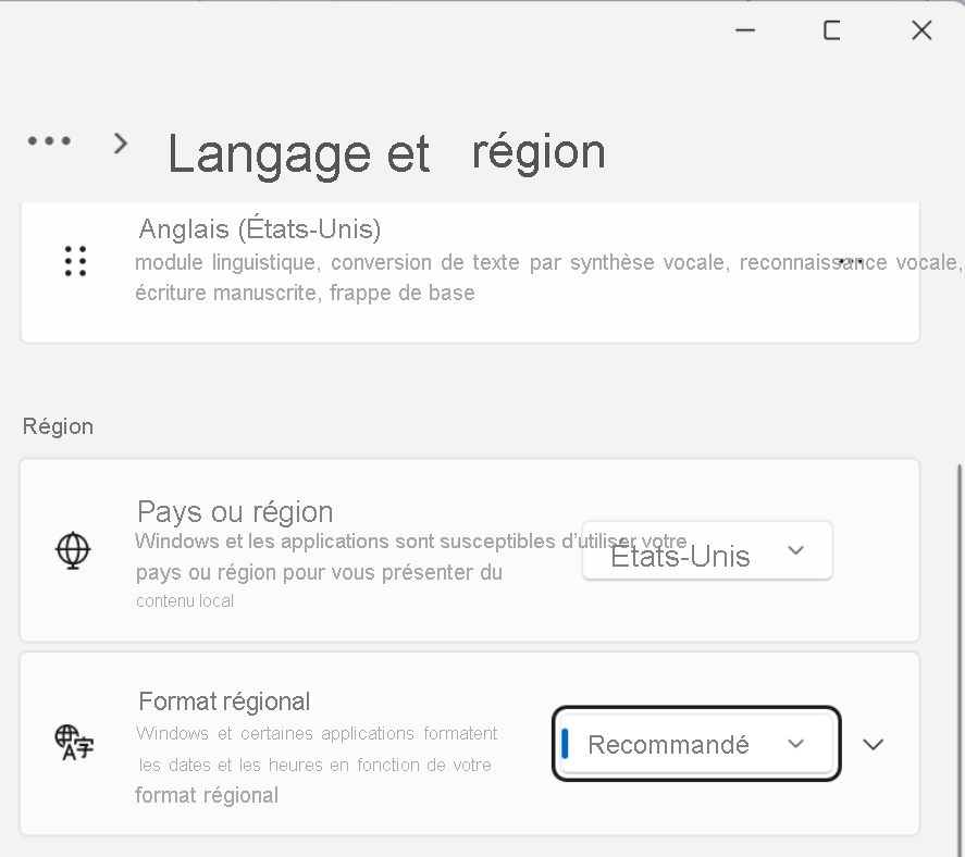 Capture d’écran montrant des paramètres de date, d’heure et de région supplémentaires.