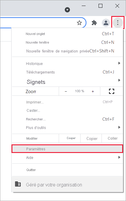 Capture d’écran de Google Chrome montrant le bouton de menu.