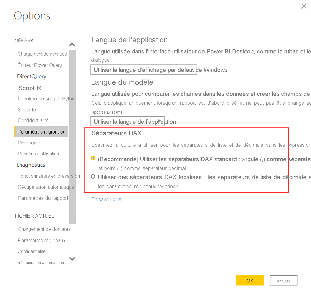 Capture d’écran de Power BI Desktop montrant comment choisir les séparateurs DAX.