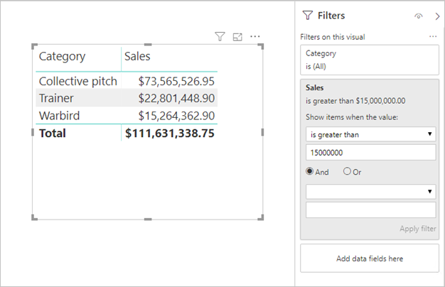 Capture d’écran de Power BI Desktop montrant des données tabulaires avec des filtres appliqués.