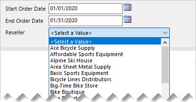 Screenshot of Power BI paginated report parameters showing three report parameters: Start Order Date, End Order Date, and Reseller.