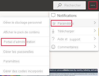 Menu Paramètres avec Portail d’administration sélectionné.