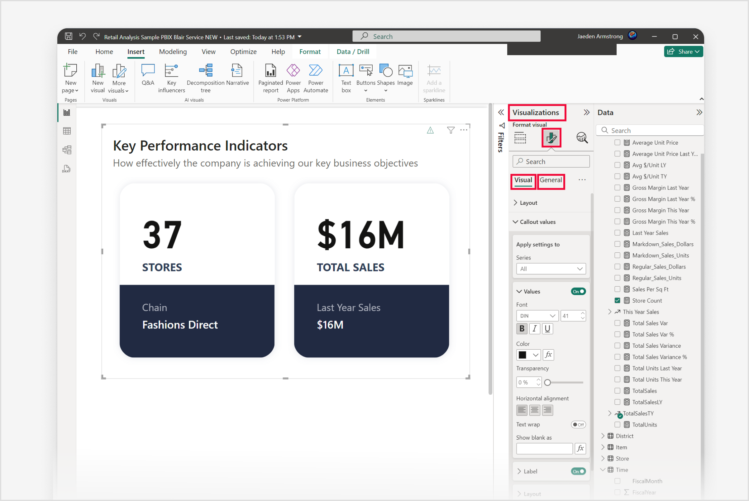 Capture d’écran de Power BI Desktop montrant le volet Visualisations, l’icône Format du visuel et les onglets Visuel et Général mis en surbrillance.