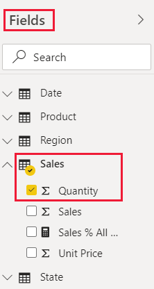 Capture d’écran du champ Quantity du service Power BI de la table Sales dans le rapport US Sales Analysis.