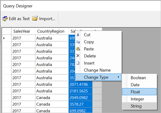 Capture d’écran des options Modifier le type de données.