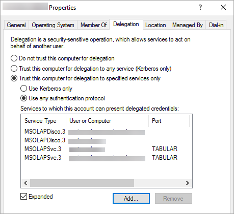 Capture d’écran de Power BI Report Server montrant l’onglet Délégation de la fenêtre Propriétés.