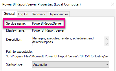 Propriétés du service Windows du serveur de rapports