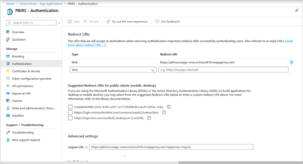 Screenshot shows the P B I R S Authentication pane with Redirect U R I s and Advanced settings.